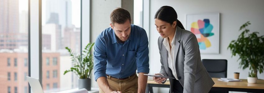Construction company financial meeting reviewing loan approval data and business statistics