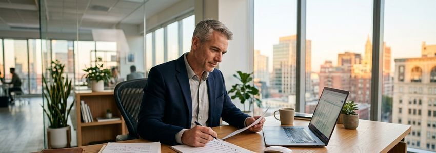 Business owner reviewing compliance financing paperwork at an office desk