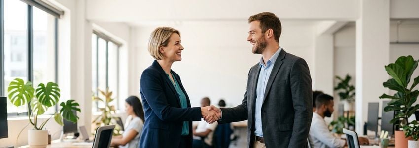 Small business manager reviewing rehiring and staffing plans with a team member in a bright office