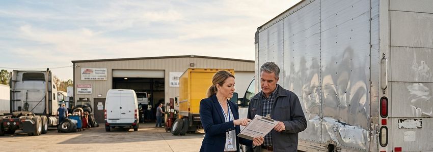 Small business owner and fleet manager reviewing a damaged commercial vehicle in a repair yard