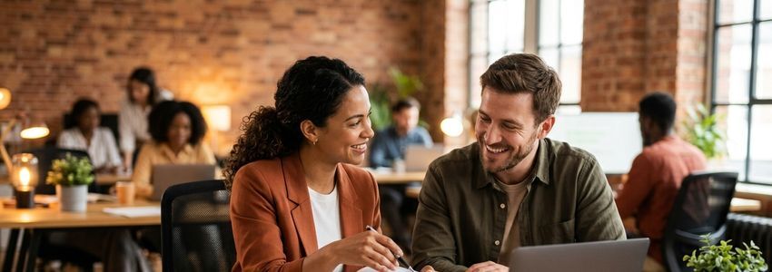 Small business manager reviewing payroll and benefits documents with an employee in a modern office