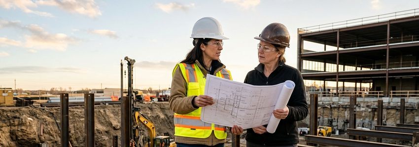 Structural engineer and business owner reviewing a foundation repair plan at a commercial building site