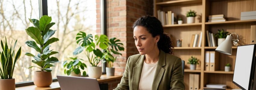 Small business owner reviewing financing options and documents at a desk in a modern office