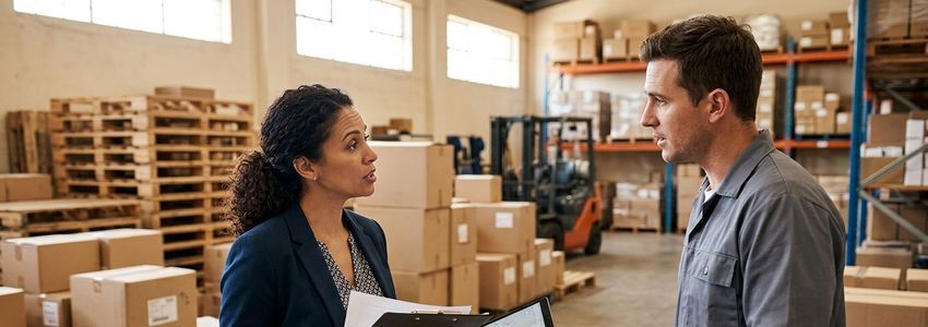 Two business professionals reviewing logistics paperwork in a warehouse to manage rising shipping and freight costs