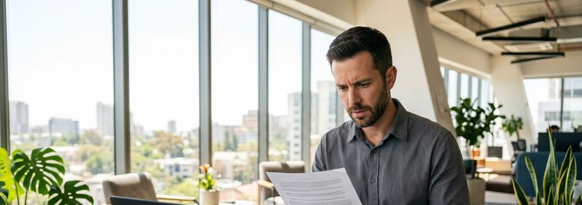 A business owner reviewing a contract document with a concerned expression at an office desk