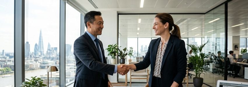 Two business partners shaking hands over a signed ownership agreement in a modern office during a business buyout