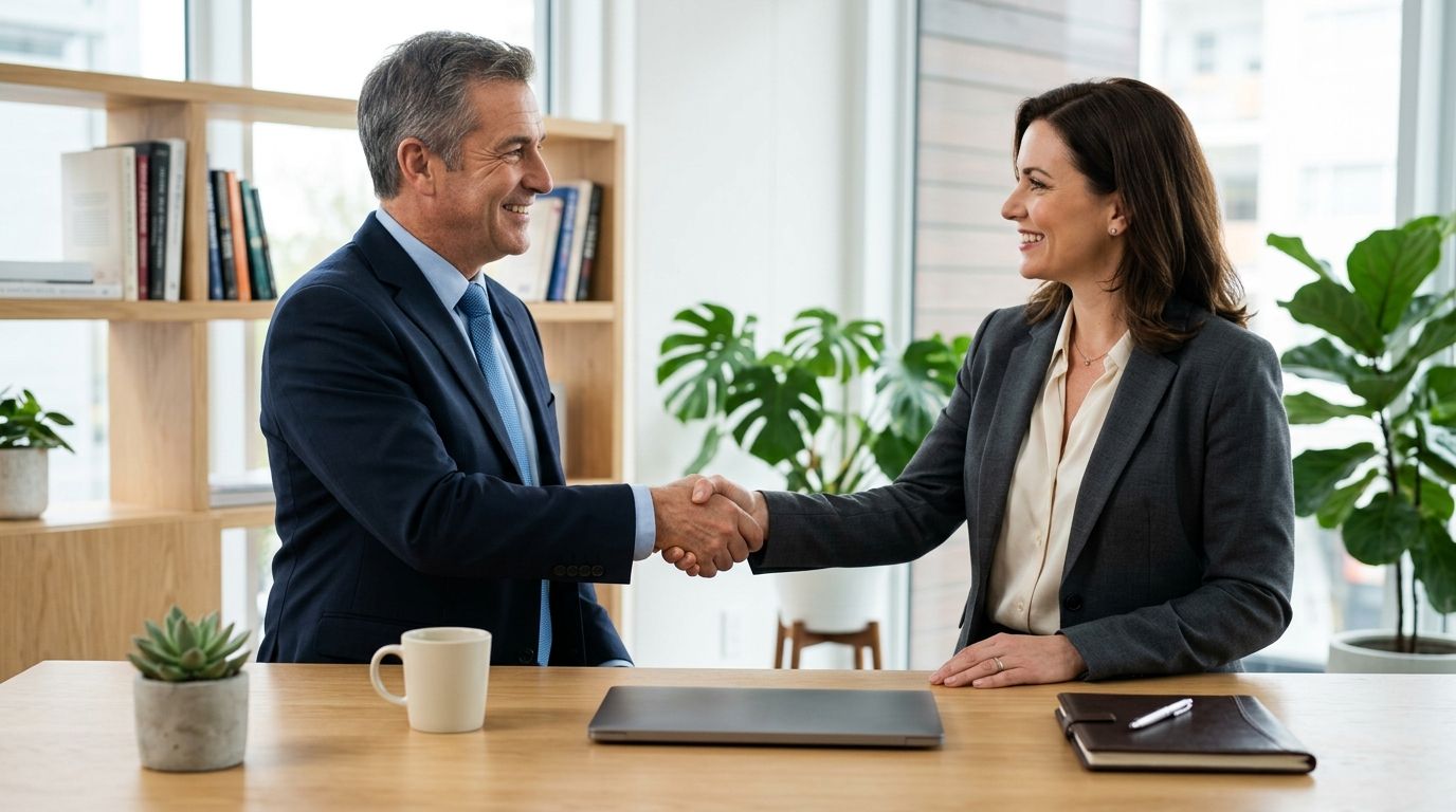 A small business owner shaking hands with a banker across a desk, reviewing financing documents in a professional office setting