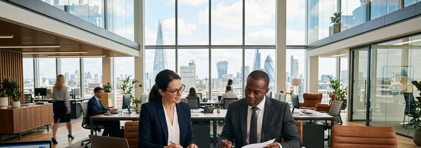 Two business professionals reviewing EIN-only business loan documents in a modern office