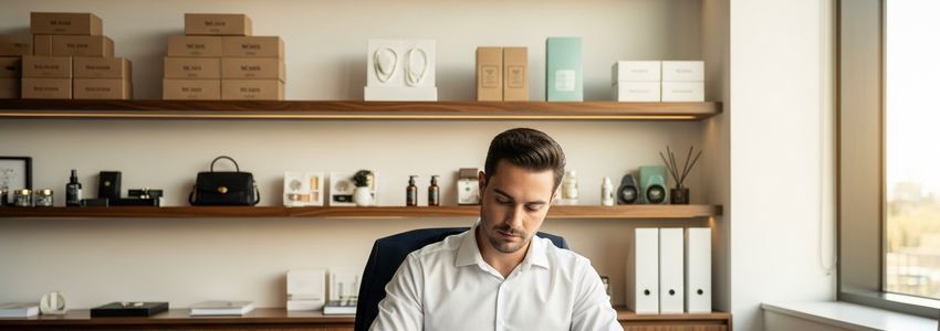Business owner reviewing inventory financing documents in office setting