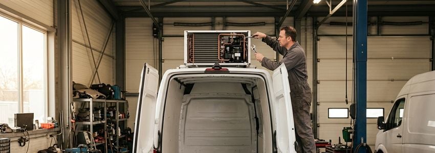Technician repairing the refrigeration unit on a commercial delivery van in a repair shop bay