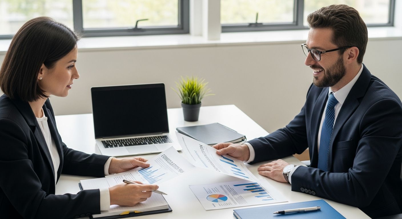 Business financial advisor reviewing debt consolidation plan with small business owner