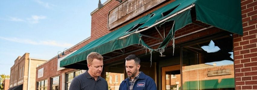 A business owner and sign contractor reviewing storm damage to a commercial storefront sign