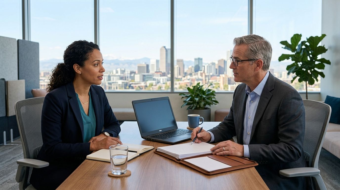 Colorado small business owner reviewing financing documents in a modern Denver office with mountain views