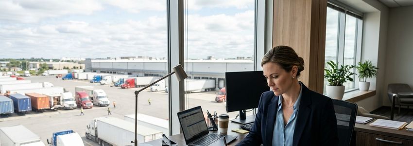 Trucking dispatch company owner reviewing financing documents at office overlooking freight yard