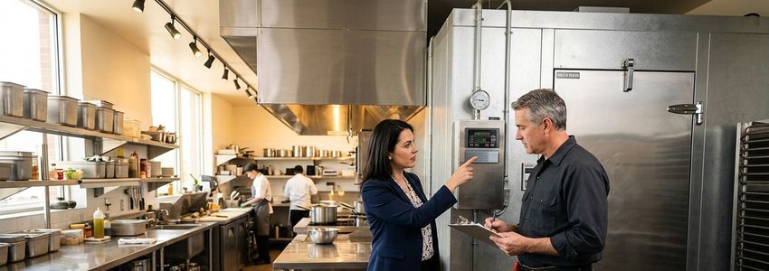A restaurant owner and contractor reviewing repair estimates in a commercial kitchen after a health inspection