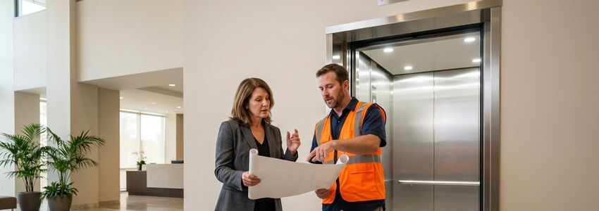 Elevator technician inspecting modernized control panel in a commercial building