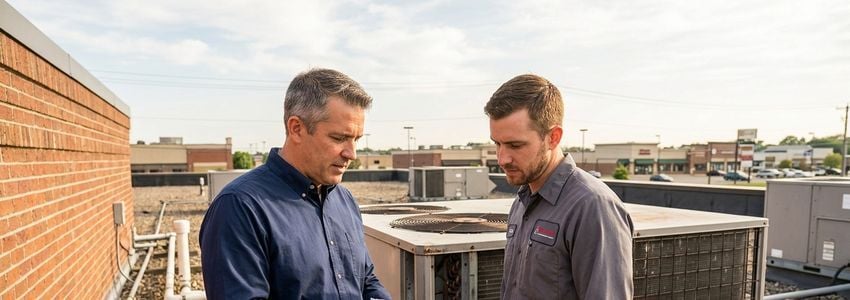 HVAC technician inspecting a commercial rooftop refrigeration unit during an R-22 compliance upgrade