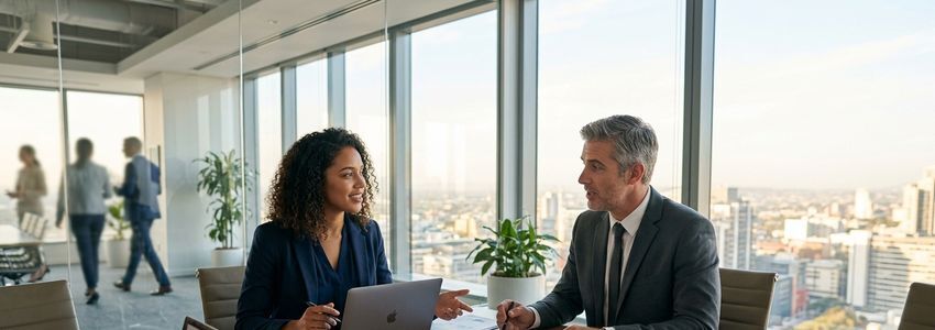 Business owner and financial advisor discussing no-doc business loan options at a conference table