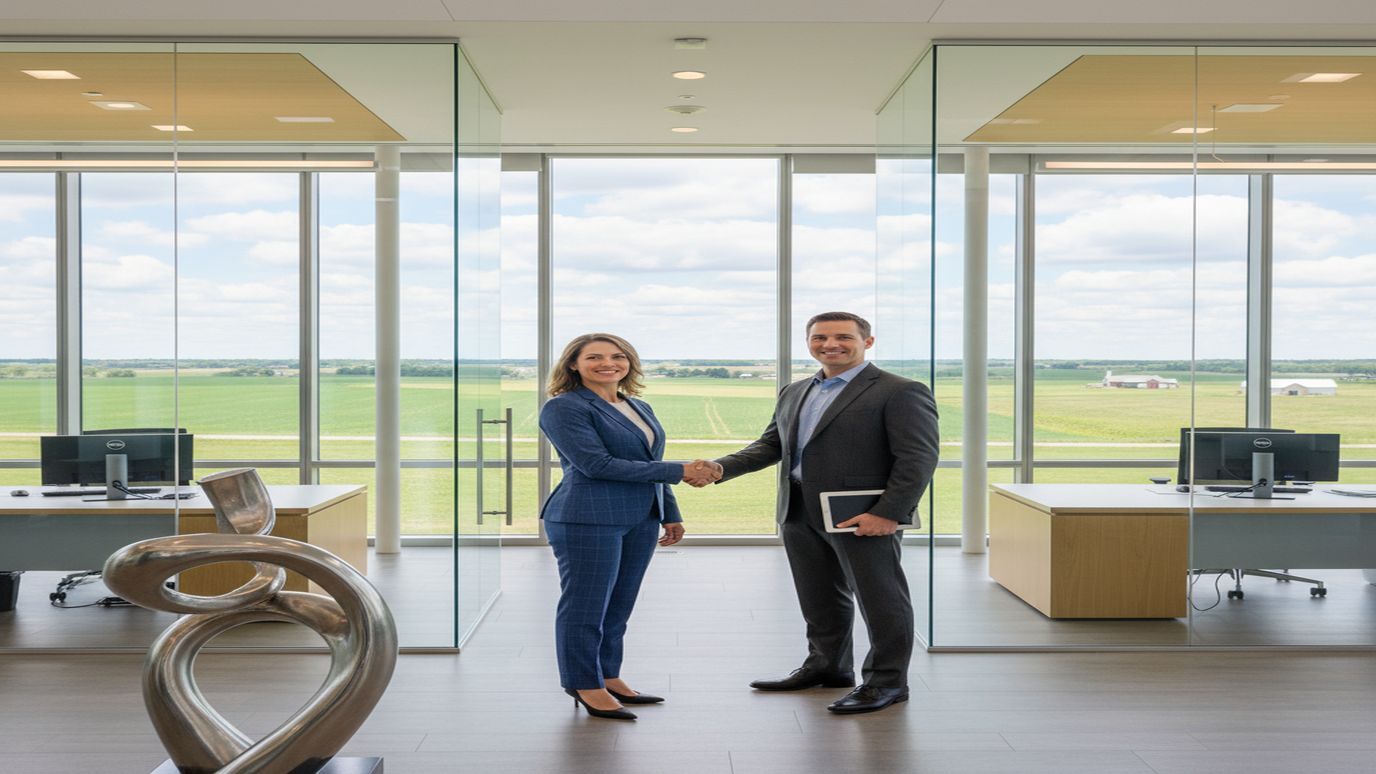 Indiana small business owner reviewing financing documents at a modern office desk