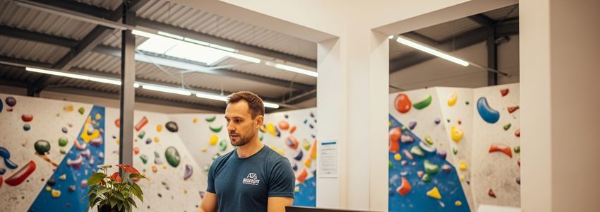 Indoor climbing gym owner reviewing business financing options and documents at a modern climbing facility