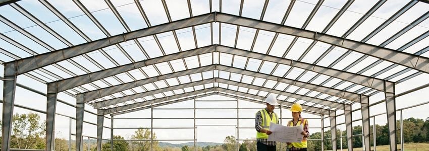 Construction crew and equestrian business owner reviewing blueprints in front of a steel-frame indoor riding arena under construction