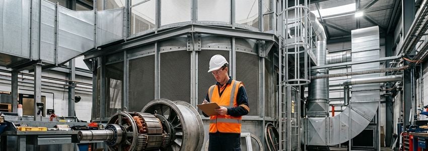 Industrial engineer inspecting a large wind tunnel fan motor assembly for an indoor skydiving facility repair