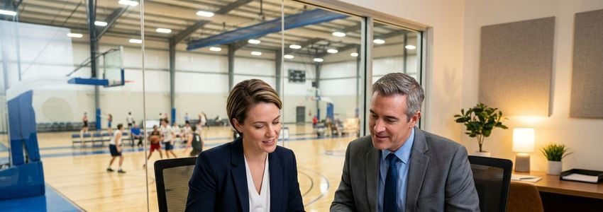 Sports facility manager and financial advisor reviewing indoor sports complex business loan documents in an office overlooking a basketball court