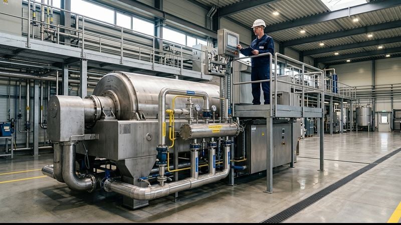 A technician in a hard hat inspecting a large industrial decanter centrifuge inside a modern processing facility