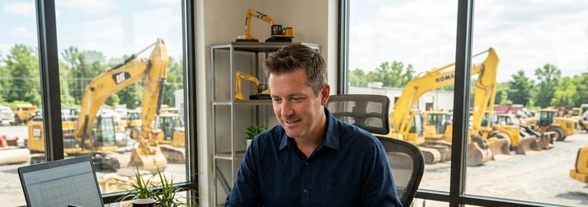 Industrial equipment dealership owner reviewing business loan documents in a modern office with heavy machinery visible through the windows