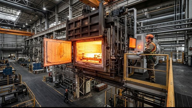 Industrial heat treating furnace glowing orange on a manufacturing plant floor while a worker in protective gear monitors the equipment