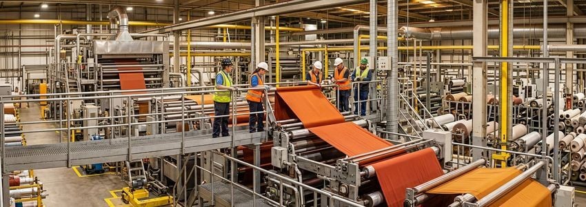 Industrial textile manufacturing floor with looms and fabric production equipment in operation