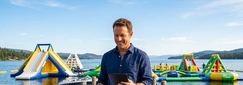 Business owner reviewing inflatable water park equipment plans on a dock beside anchored floating water park attractions