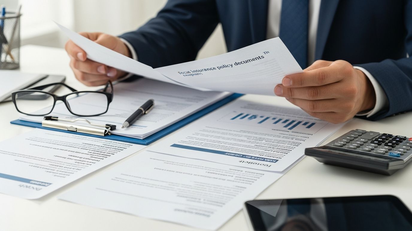 Business professional reviewing insurance policy documents and financial reports