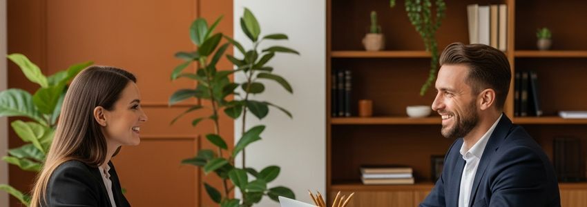 Insurance agency owner and financial advisor discussing business loan options at a professional office desk