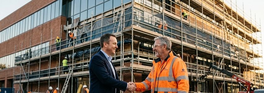 A business owner shaking hands with a contractor in front of a commercial building undergoing insurance-related repairs