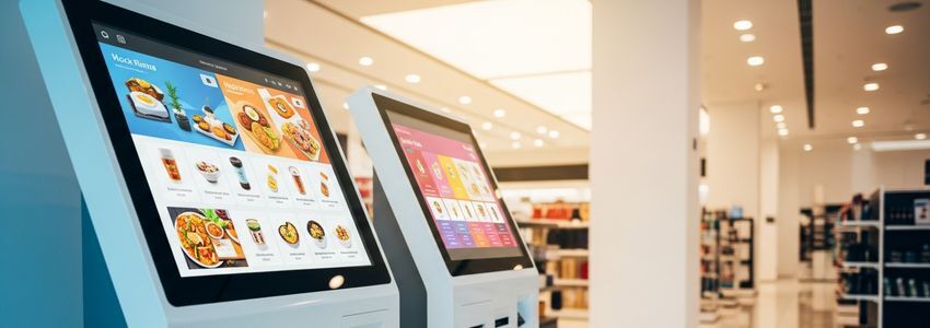 Interactive touchscreen kiosk displays in a modern retail business environment