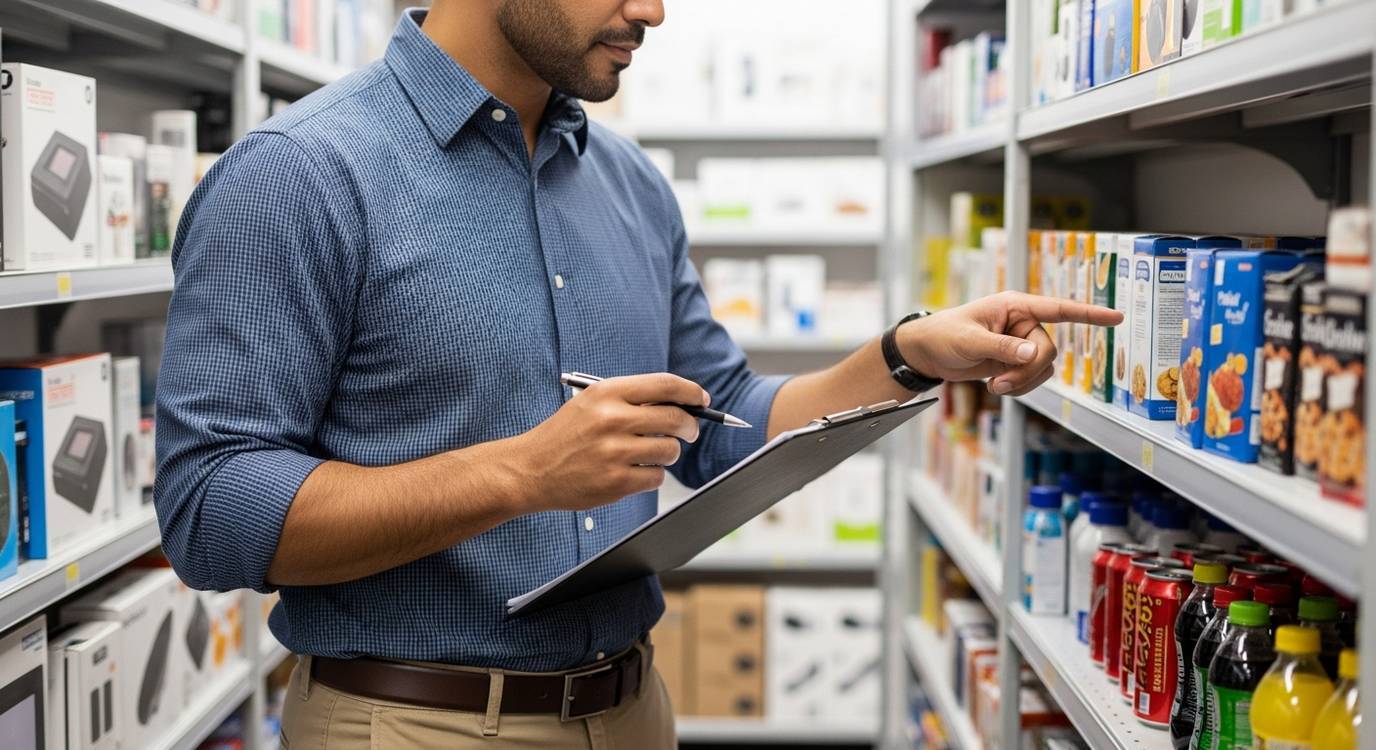 Business owner reviewing inventory in a warehouse while holding a tablet and reviewing financing options