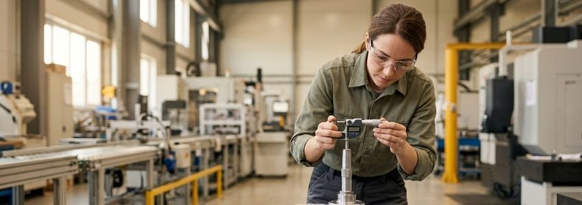 Quality control professional using a digital micrometer to measure a machined component during an ISO 9001 audit in a manufacturing facility