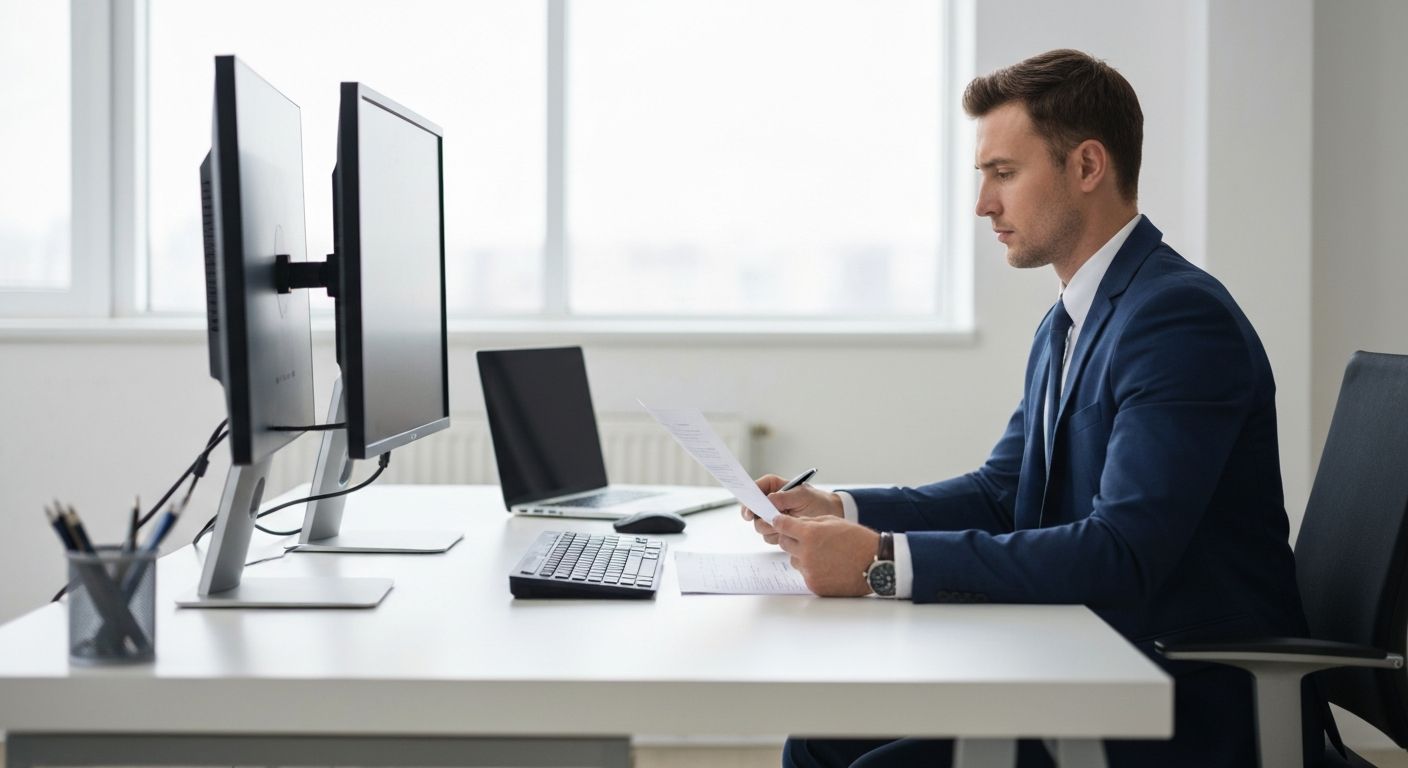 IT business owner reviewing loan documents at a modern desk with computer monitors and technology equipment in the background
