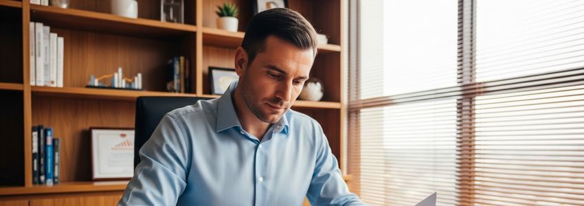 IT consulting firm owner reviewing business loan documents at an office desk