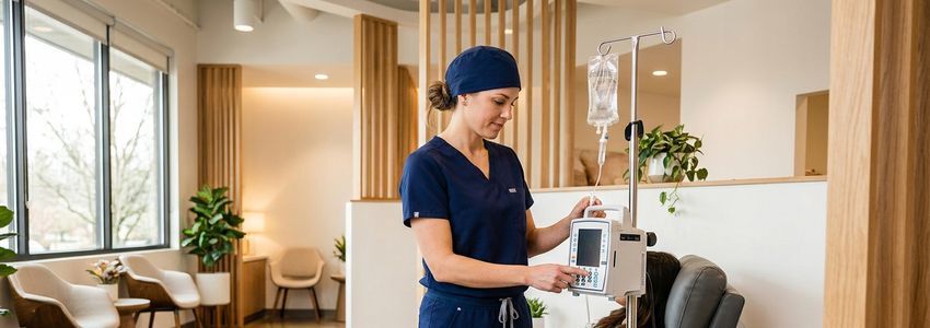 Healthcare professional operating IV infusion pump equipment in a modern IV hydration clinic treatment room