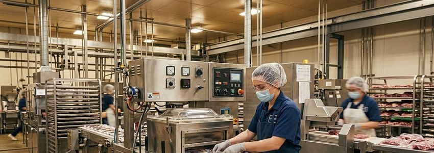 Food production line worker operating commercial meat processing and packaging equipment in a jerky manufacturing facility