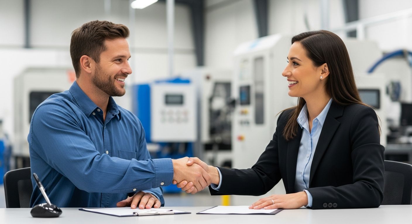Small business owner and financial advisor finalizing a business loan agreement at a Kansas manufacturing facility