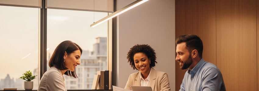 Business professionals reviewing small business loan documents in Kansas City, Kansas office