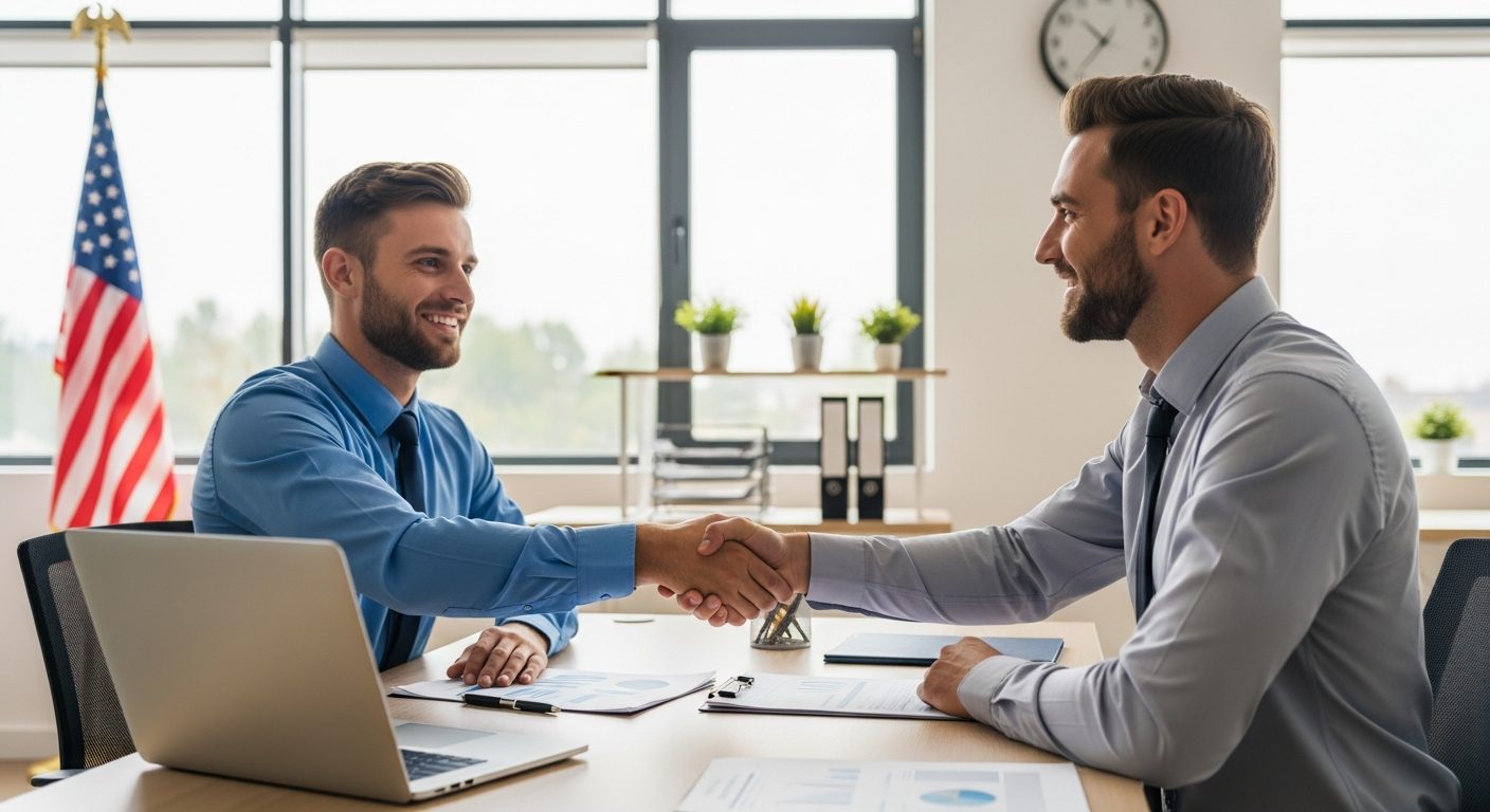 Small business owner and financial advisor shaking hands after successful loan approval at a professional office