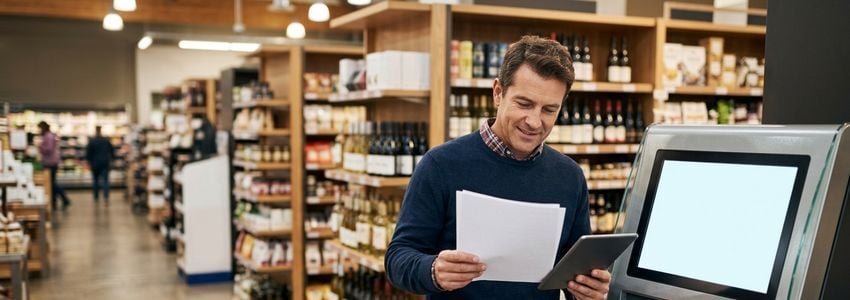 Business owner reviewing equipment financing paperwork next to an automated retail kiosk in a retail store aisle
