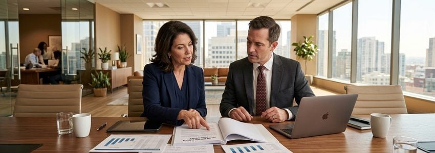 Small business owners reviewing a partnership buyout agreement and financial documents at a conference table