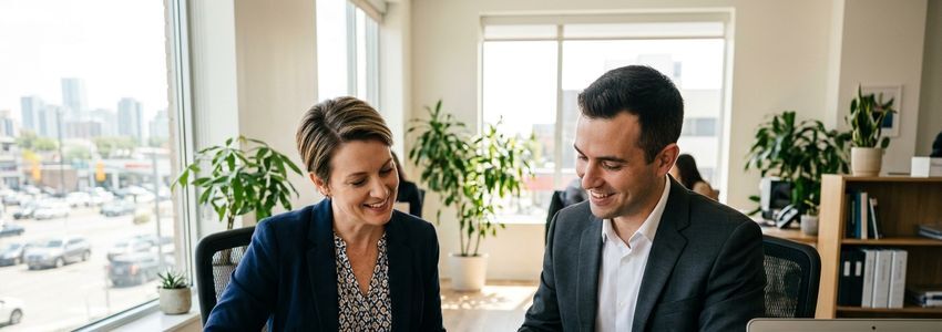 Hiring manager interviewing a job candidate in a bright modern office to fill a key employee vacancy