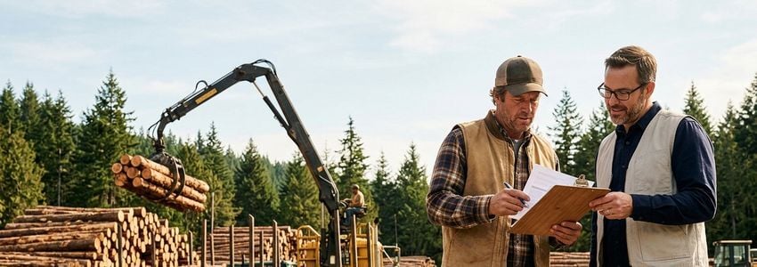 A knuckleboom loader truck operator and financing advisor reviewing paperwork near logs being loaded at a timber yard