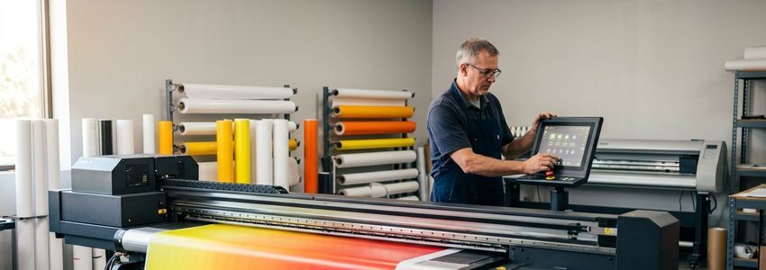 Sign shop production team operating a large format UV printer producing banner and signage output